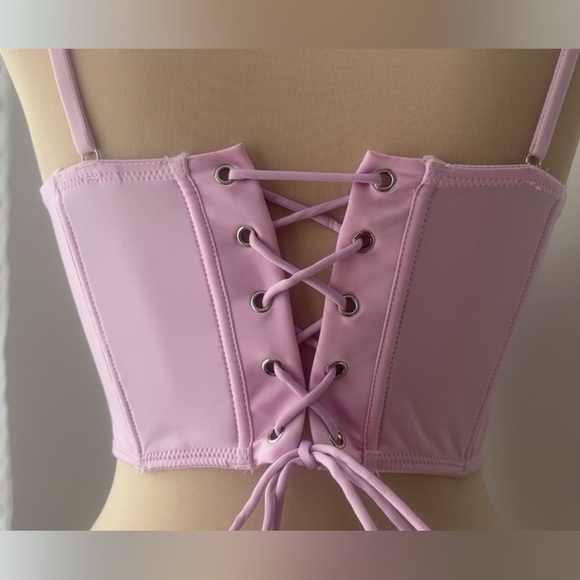 Delicate Pink Lace Trim Bustier Crop Top - Picture 3 of 3
